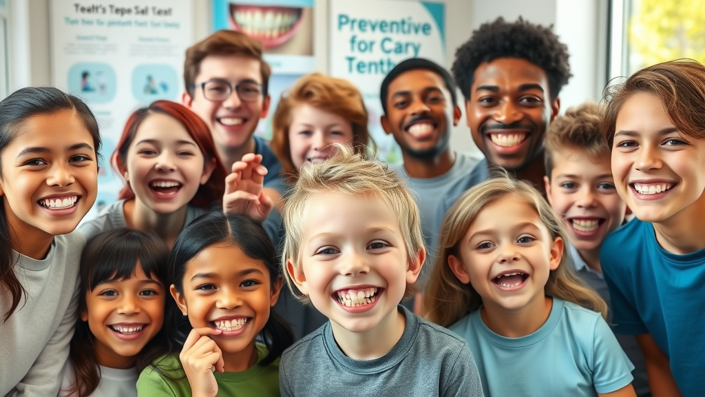 Diverse children, teens, and adults with healthy molars in dental clinic