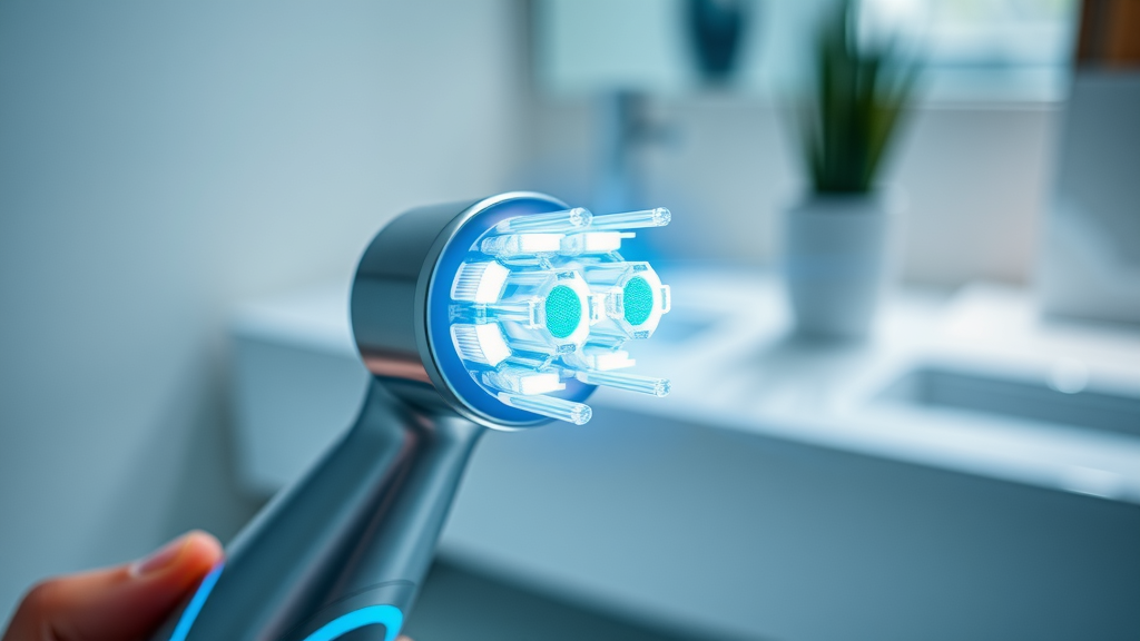 sleek electric toothbrush showing LED indicator and bristles vibrating in a bright bathroom