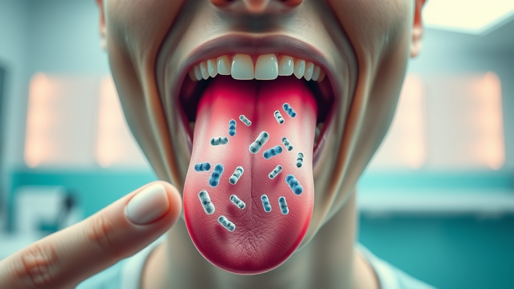 scientific diagram of bacteria on human tongue, oral health, causes of bad breath, highly detailed macro view