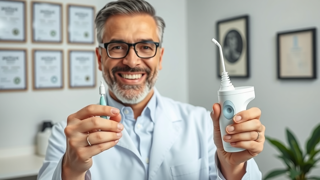 dental professional comparing dental floss and water flosser for optimal oral health and gum disease prevention
