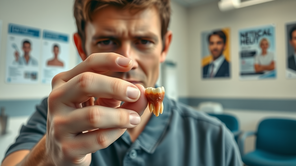 Urgent dental emergency scene, person holding a knocked-out adult tooth, concerned and gently inspecting the tooth by the crown in a dental office waiting area.