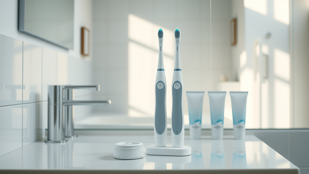 clean, modern bathroom countertop with manual and electric toothbrushes and various toothpaste tubes for comparison; focus on toothbrush and toothpaste selection for good oral hygiene