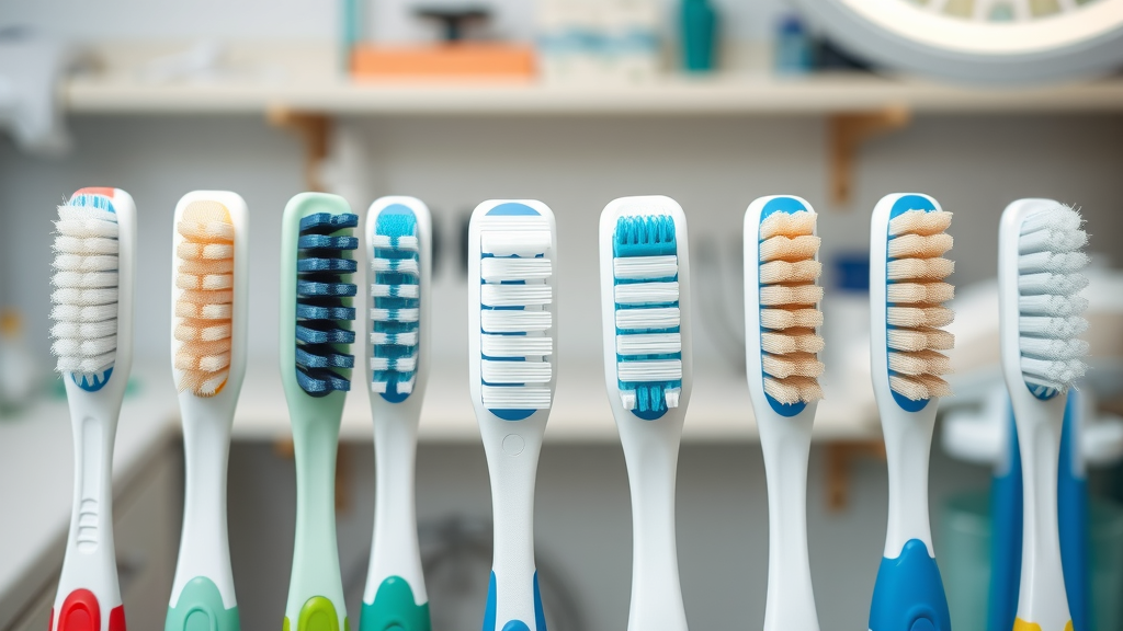 close-up comparison of toothbrushes showing various bristle types and sizes for optimal oral hygiene and teeth and gums health