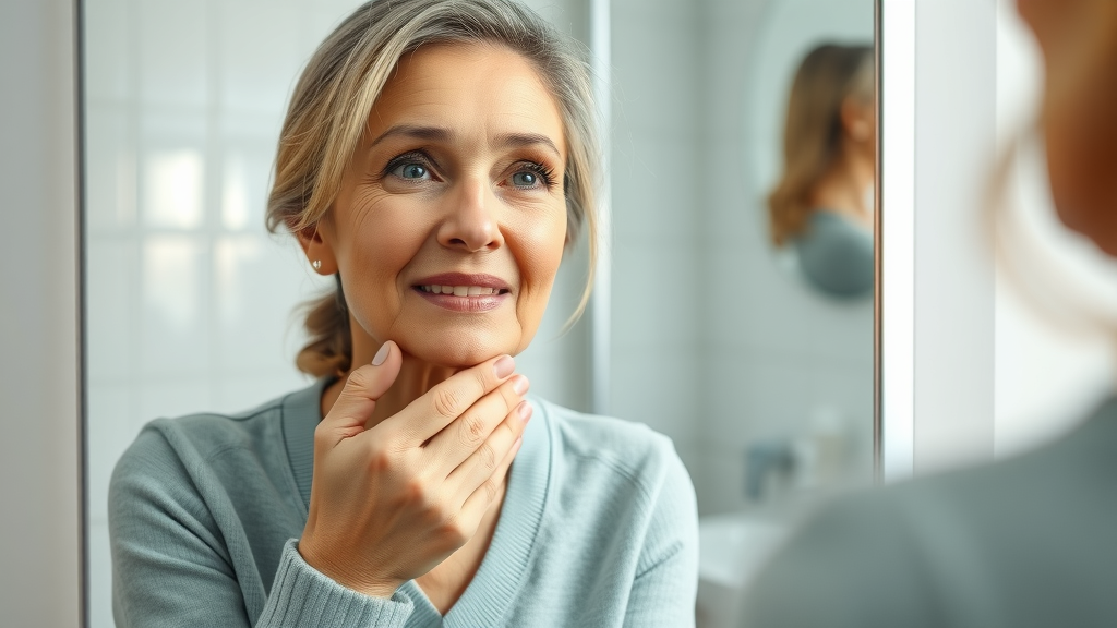 Concerned woman examines gumline for treatment options for gum disease in bright clean bathroom