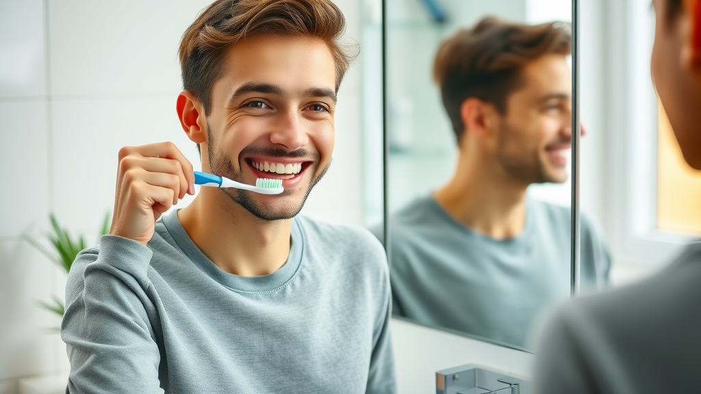 cheerful young adult practicing proper brushing technique, good oral health habits, modern bathroom with plant, circular motion brushing, clear sink