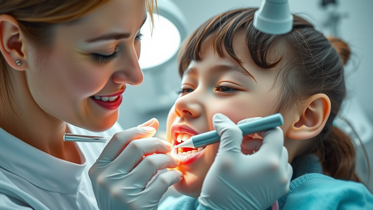 Dentist gently applying sealant to child