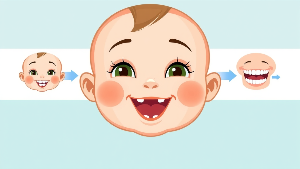 Infographic of primary baby teeth eruption order, illustrated baby face, central incisors, lateral incisors, molars highlighted, clean educational visual.
