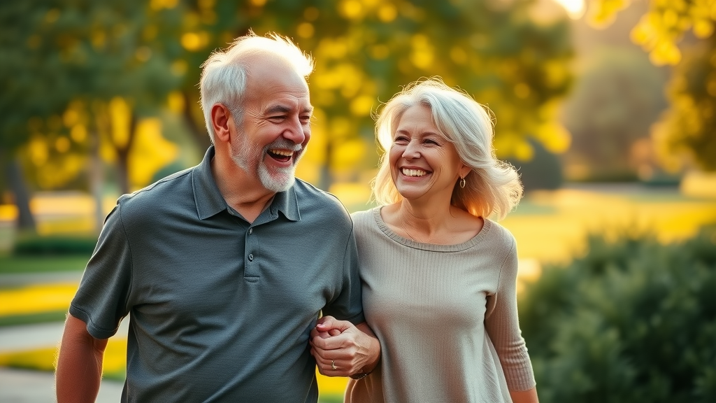 vibrant senior couple joyfully walking outdoors with bright healthy smiles, demonstrating the long-term benefits of daily flossing for oral health
