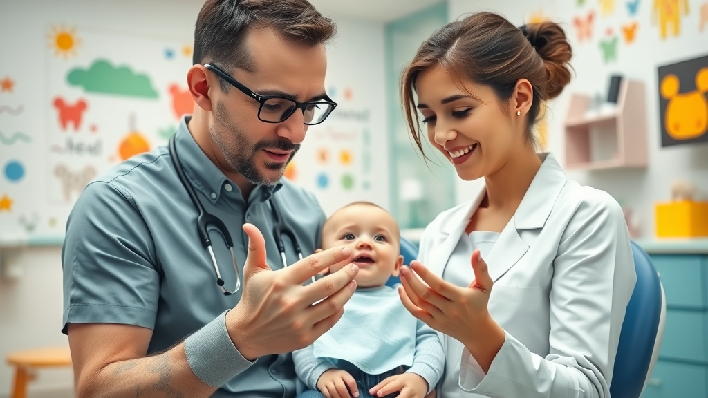 Pediatric dentist explaining to parent and child why not to reinsert a baby tooth, friendly and welcoming dental clinic scene.