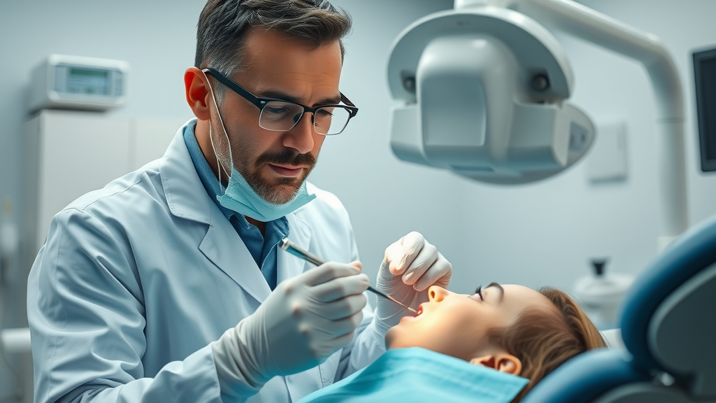 dentist conducting emergency dental examination with x-ray in the background | emergency dental care