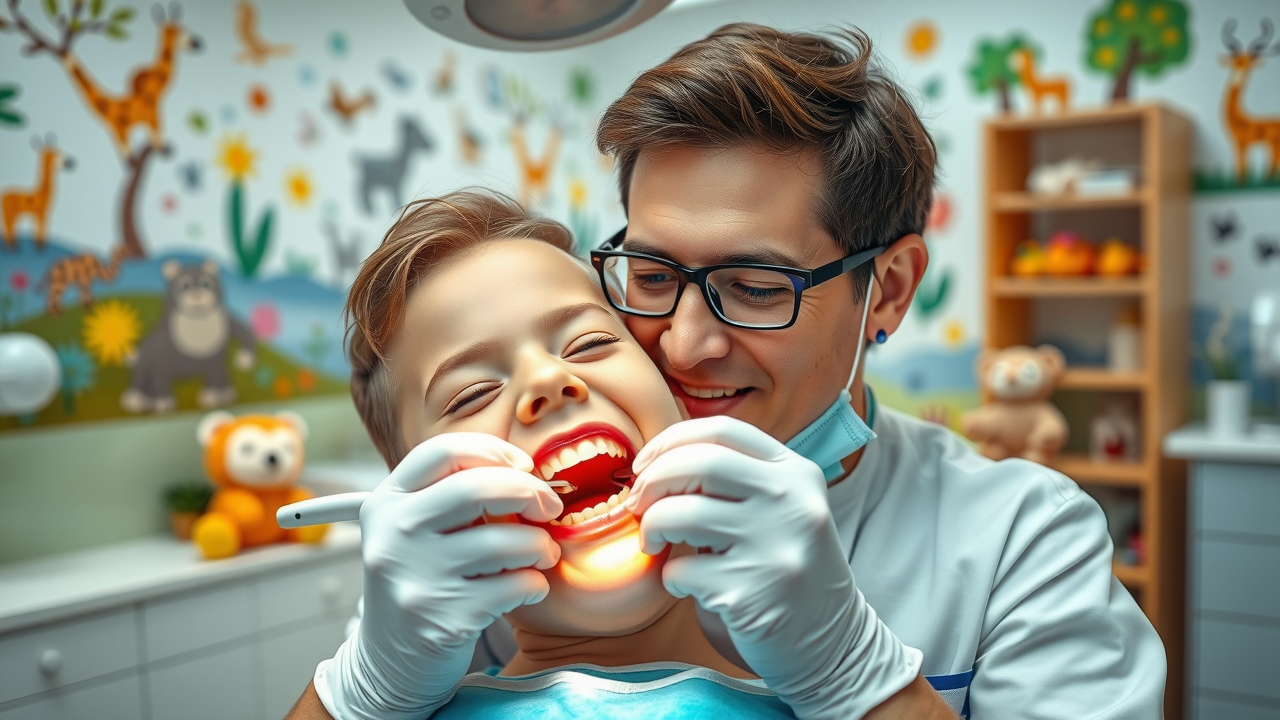 Pediatric dentist treating baby tooth cavity, cavity filling for healthy child tooth development