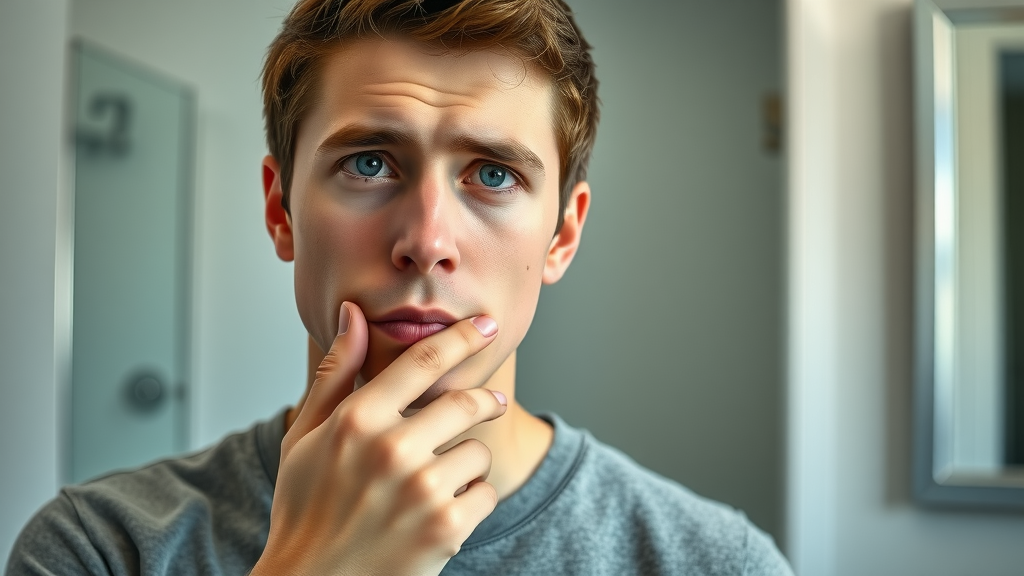 thoughtful young adult man checking breath in bathroom mirror, breath smell concern realistic expression, why do I sometimes have bad breath