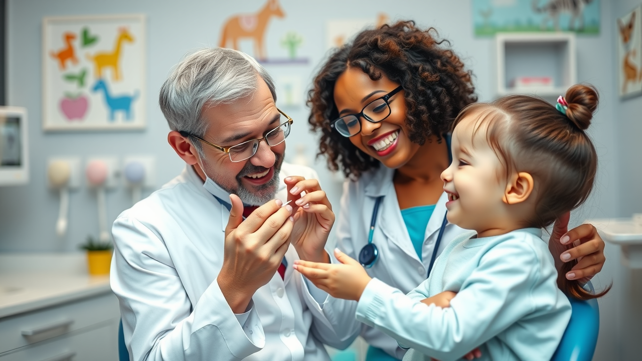 gentle dentist teaching proper floss technique to child, promoting safe dental care and oral hygiene for kids