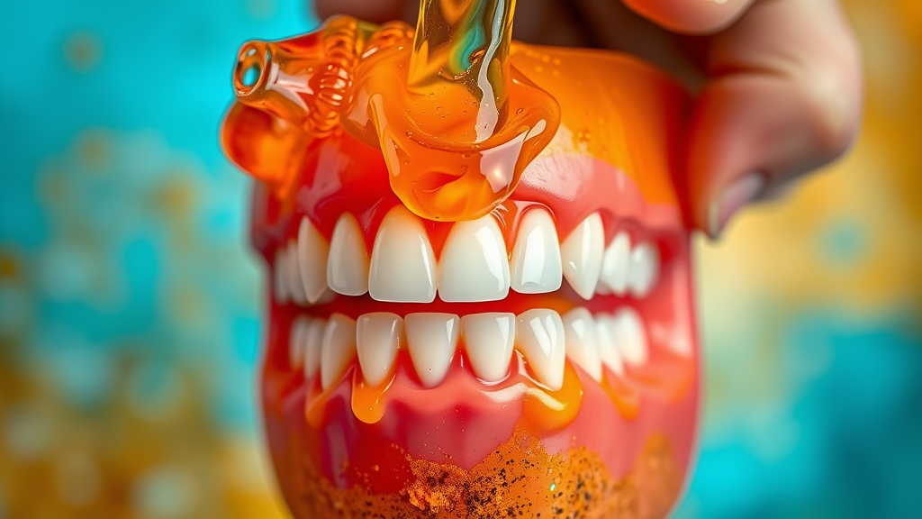 Macro view of sodas and juices pouring over dental model showing enamel risk