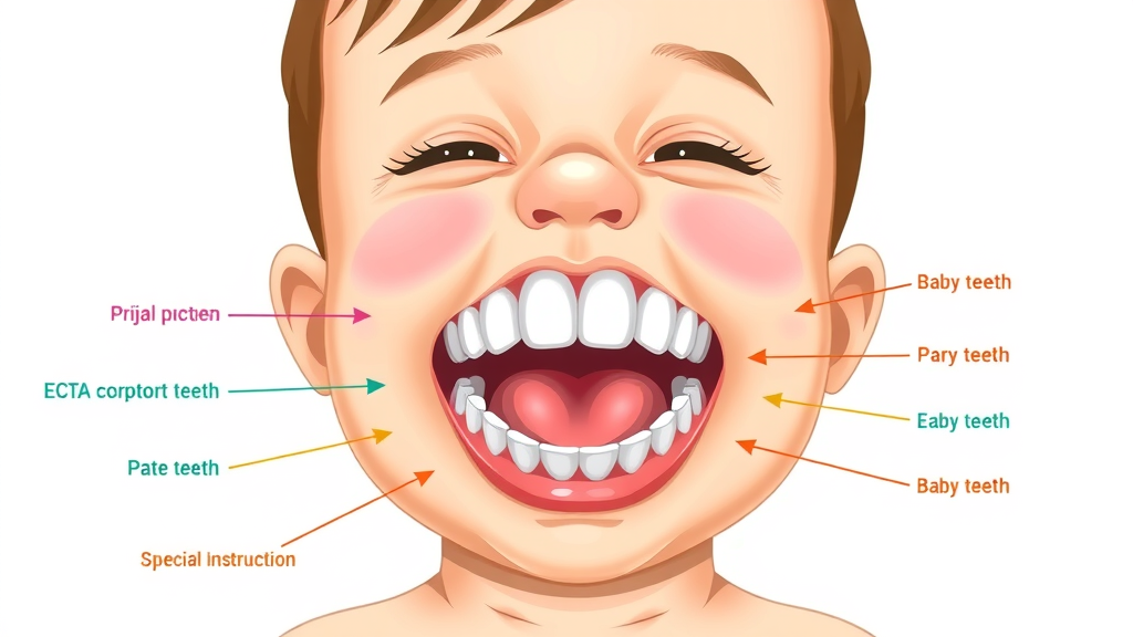 Diagram showing stages of baby tooth eruption, central and lateral incisors highlighted, clean background, primary teeth sequence, colorful callouts, tooth eruption chart.