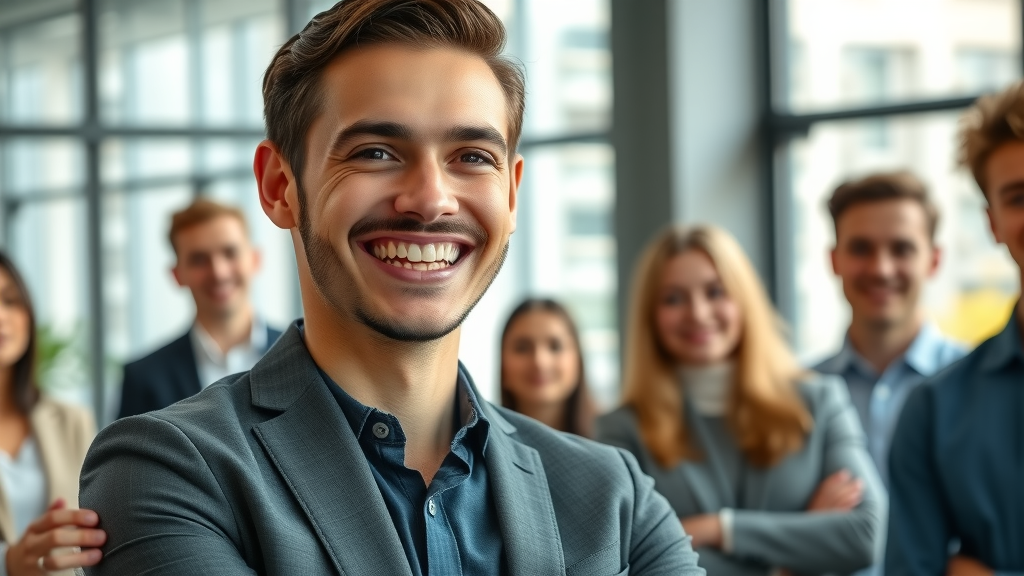 confident professional with healthy teeth, showing benefit of good oral health in modern office