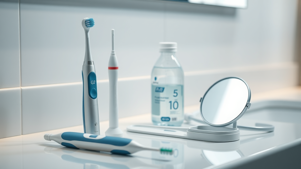 Still life of toothbrush, floss, electric flosser, mouthwash and dental mirror on bathroom counter