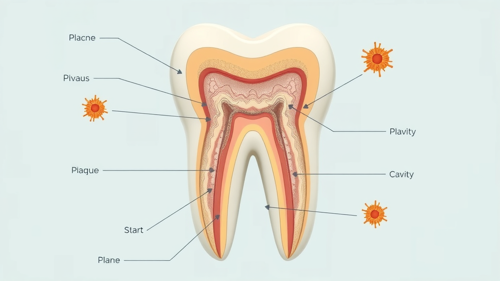 Detailed illustration of plaque accumulation and cavity formation in a cross-section of tooth enamel