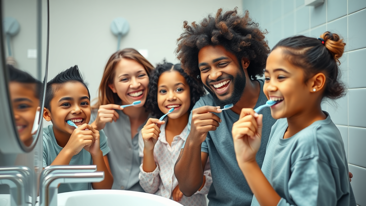 Candid family brushing and flossing in bright bathroom, promoting oral health