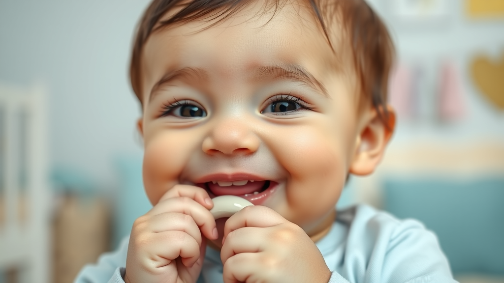 Smiling infant showing emerging lower central incisor, displaying early teething symptoms, when will my baby