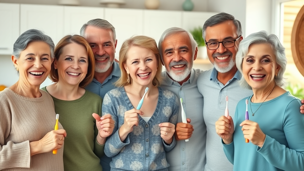 friendly multigenerational family showing healthy teeth and oral health in bright kitchen, some holding toothbrushes