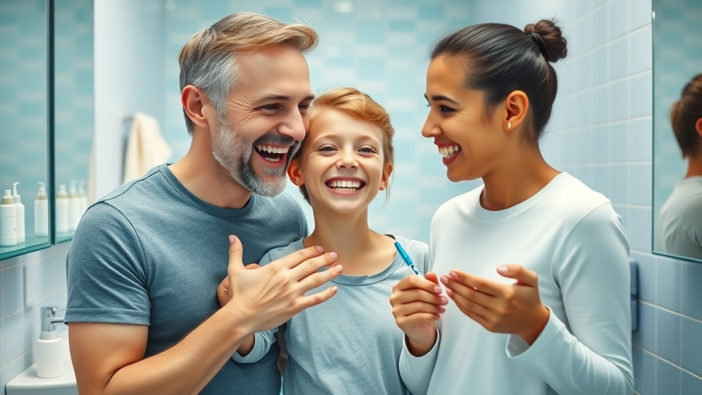 cheerful family of three with healthy teeth interacting together in modern bathroom demonstrating oral health practices and dental care products
