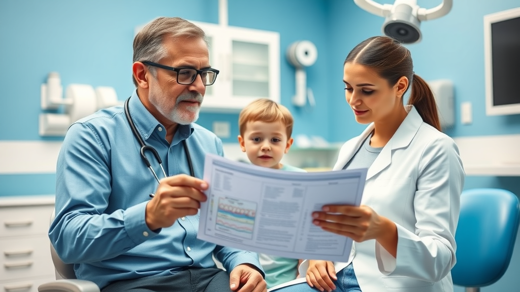Pediatric dentist reassuring a concerned parent about tooth eruption, holding a dental chart, bright dental office, professional advice.