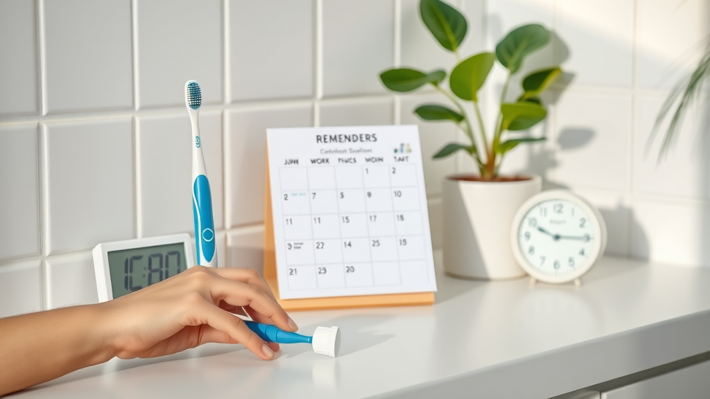 bathroom counter with toothbrush, floss, and a calendar reminder promoting daily dental care and oral hygiene routines