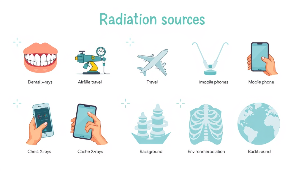 Radiation exposure comparison infographic including dental x-rays, airplane flights, cell phones, chest x-rays, and environmental sources
