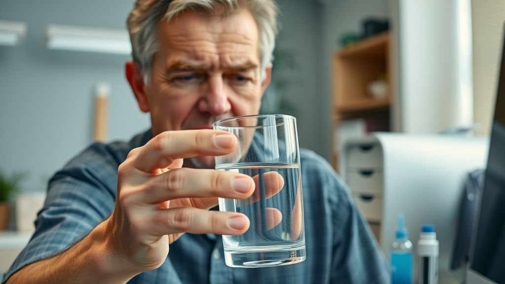 middle-aged person with dry lips about to drink water, sign of chronic dry mouth and oral health concern, office desk with dental care items