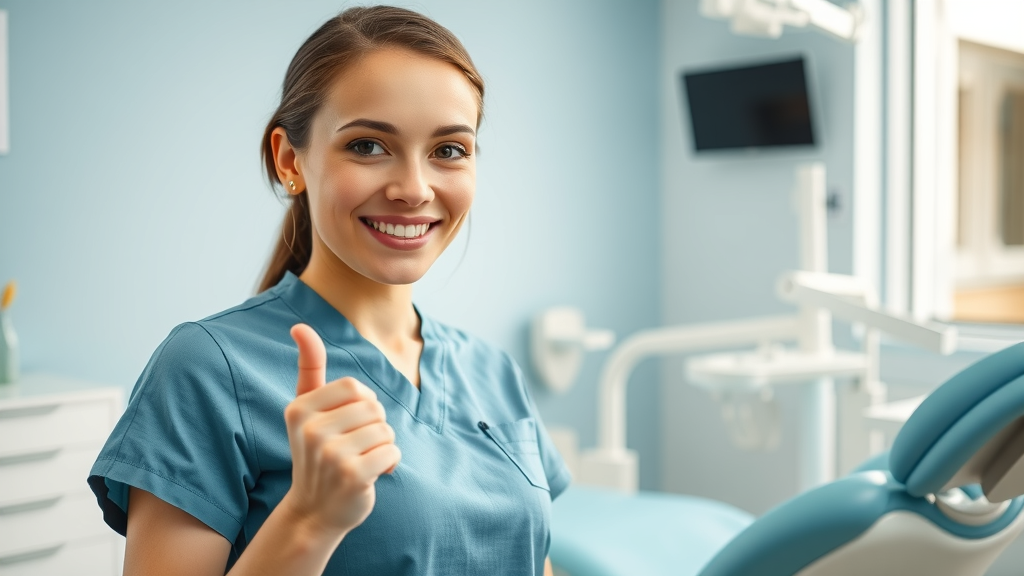 Friendly dental hygienist in modern clinic promoting regular dental visits
