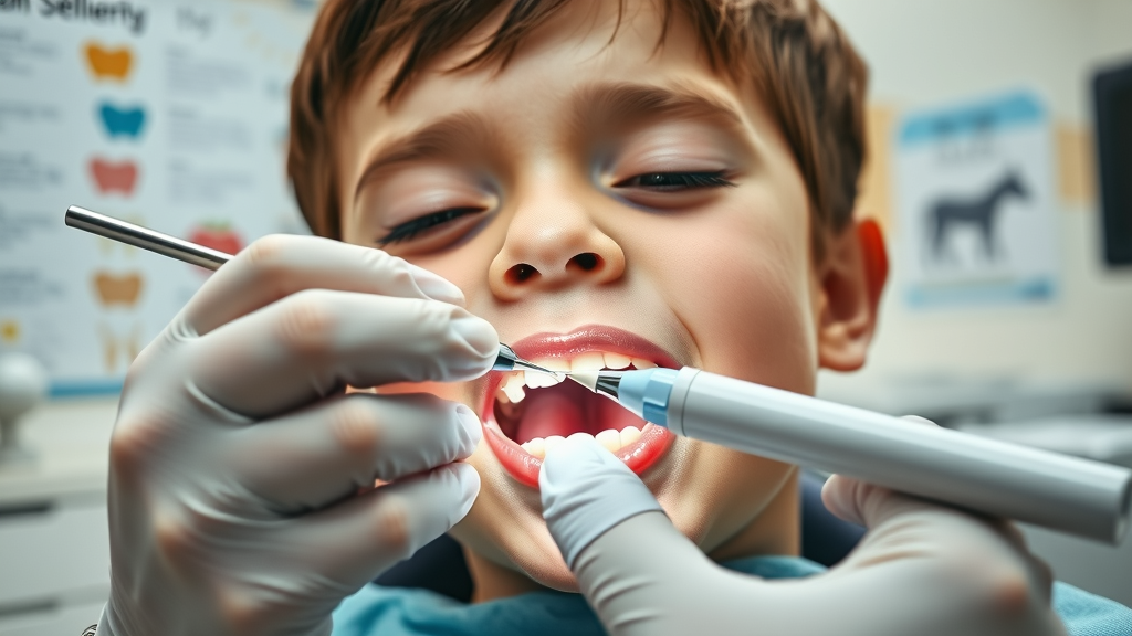 Pediatric dentist applying dental sealant to child molar, preventative care for baby teeth