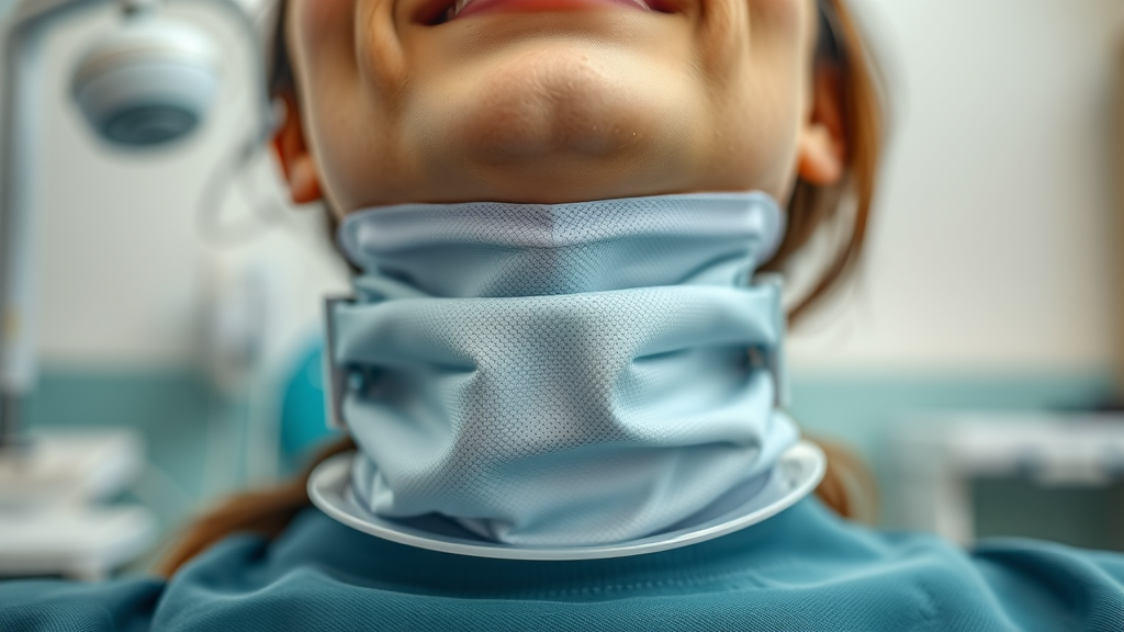 Thyroid collar for dental x-ray protection - close-up of a collar fitted snugly for patient safety