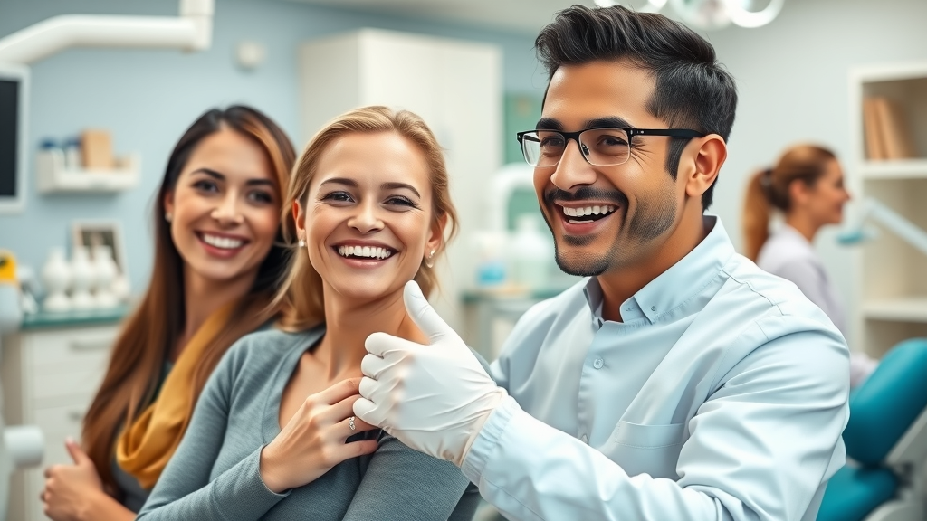 Radiant smiling patients in a modern dental office, looking confident and happy, dentist engaging with them, cosmetic dentistry procedures