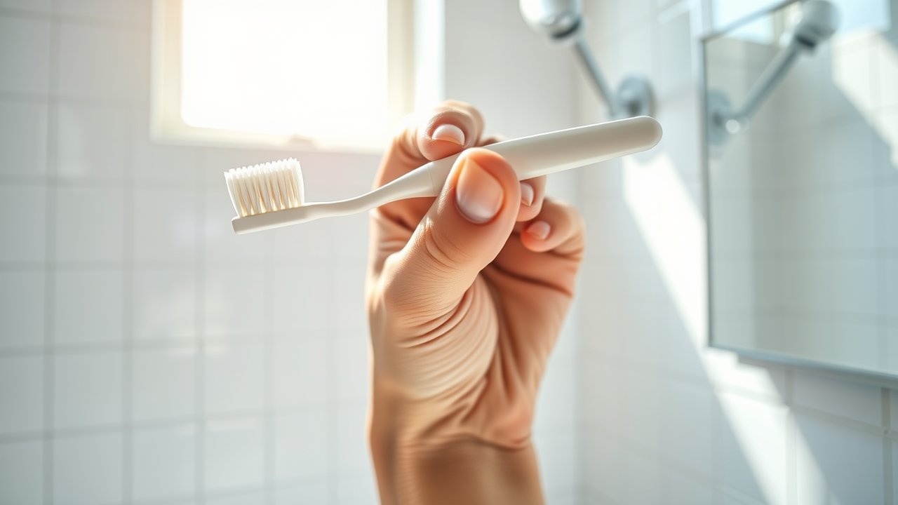 classic manual toothbrush in hand highlighting grip and bristles for brushing technique