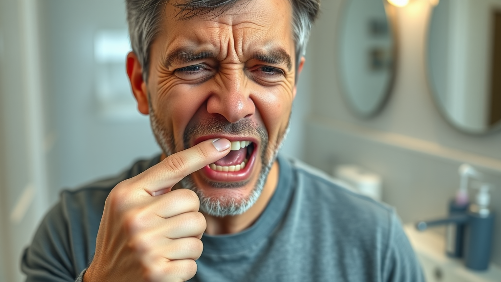 worried adult highlighting red, swollen gums, a sign i should see a dentist, soft-focus home bathroom with toothbrush holder