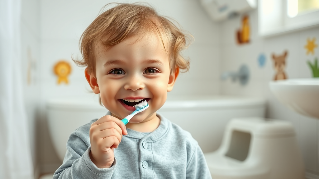 Joyful toddler with a healthy smile holding a toothbrush, baby teeth oral health