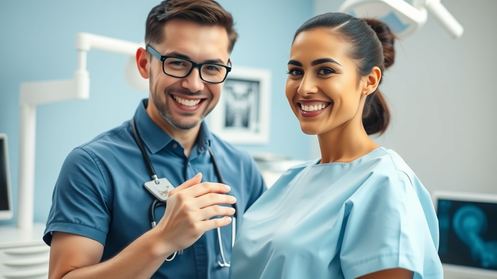 Lead apron in dental x-ray safety - a dental professional placing a lead apron on a patient in a modern dental office
