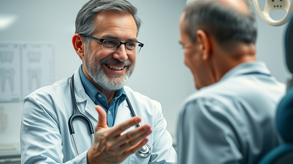 Experienced dentist explaining dental risks, dental health consultation