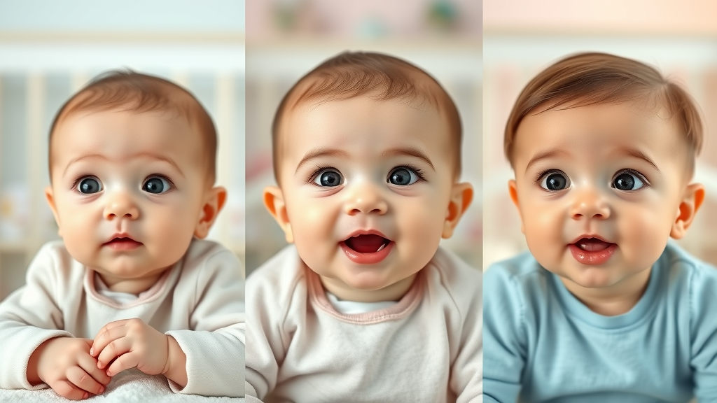 Comparison montage of babies teething at different ages, illustration of early and late tooth eruption, first baby teeth timeline, varied ages and ethnicities.