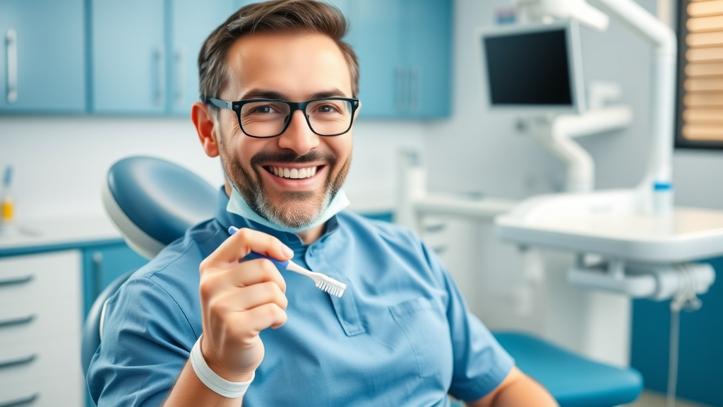 dentist holding both electric and manual toothbrush in clinic for oral health advice