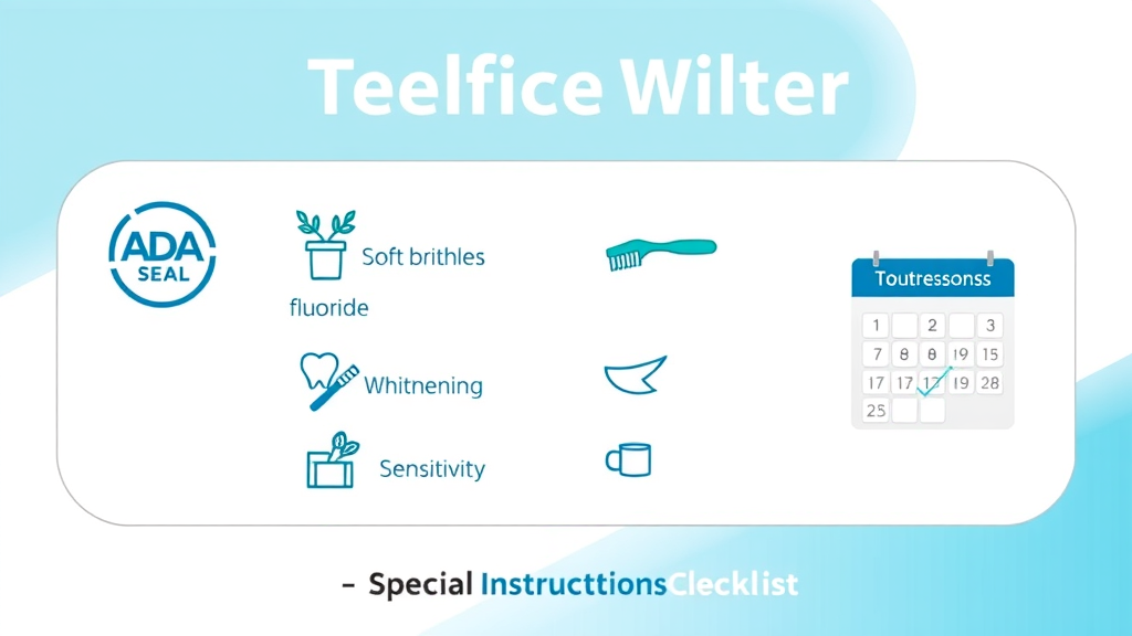 infographic checklist for choosing toothbrush and toothpaste, illustrating ADA seal, soft bristles, fluoride, whitening, sensitivity, and toothbrush replacement reminders