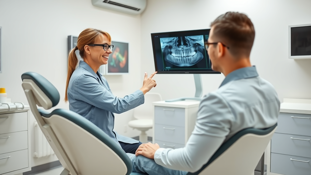 Are dental x-rays safe - dental hygienist explaining digital dental x-ray results to a patient in a bright modern clinic