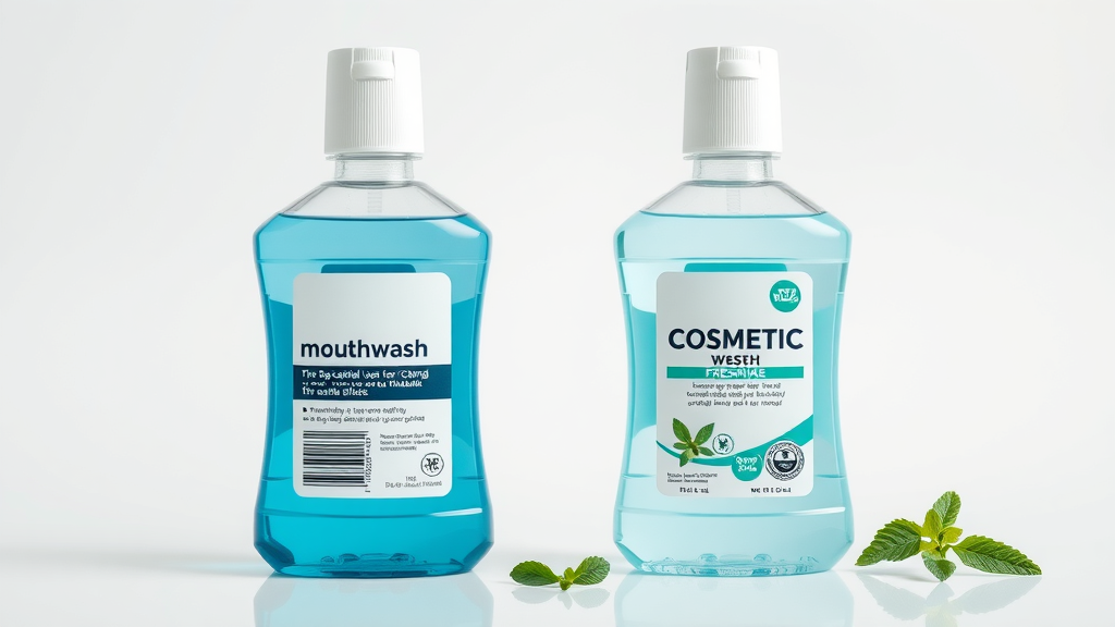 side-by-side display of antibacterial and cosmetic mouthwash bottles, which type helps most, comparison of benefits