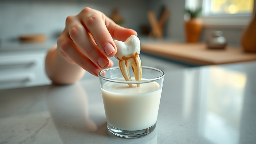Close-up of a knocked-out tooth being gently placed in a cup of milk on a family kitchen counter, careful handling by the crown.
