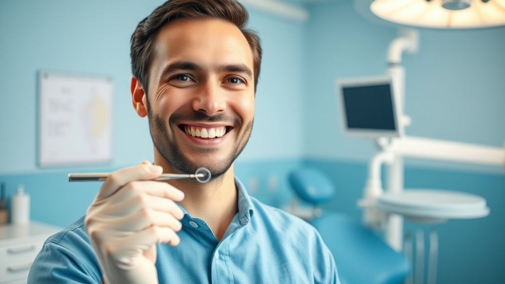 smiling dentist promoting regular dental care for oral health in bright clinic