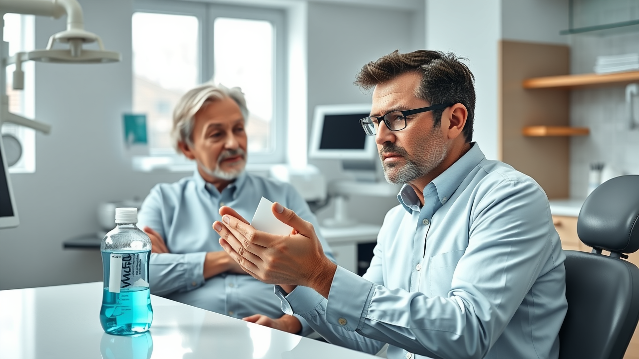 concerned patient consulting with a dentist about mouthwash use, can mouth rinse replace brushing, professional advice in modern dental office