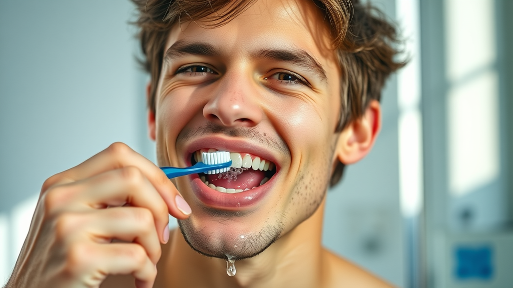 healthy young adult demonstrating daily oral hygiene, brushing teeth for bad breath prevention