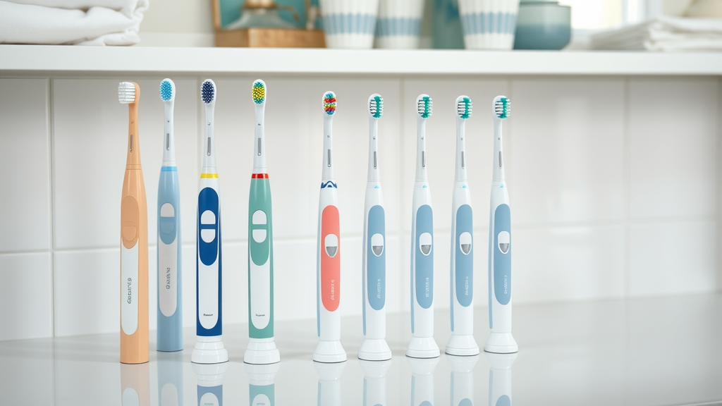 manual and electric toothbrushes with different bristles styles in a clean bathroom setting