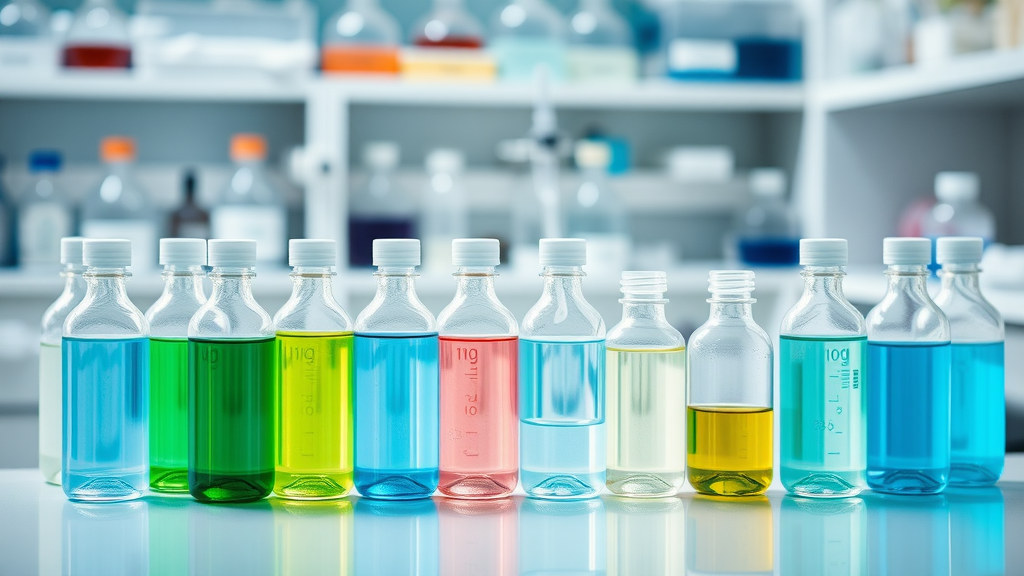 scientific display of various colorful mouthwash ingredients in glass vials, key active ingredients in mouth rinse, clinical lab setting